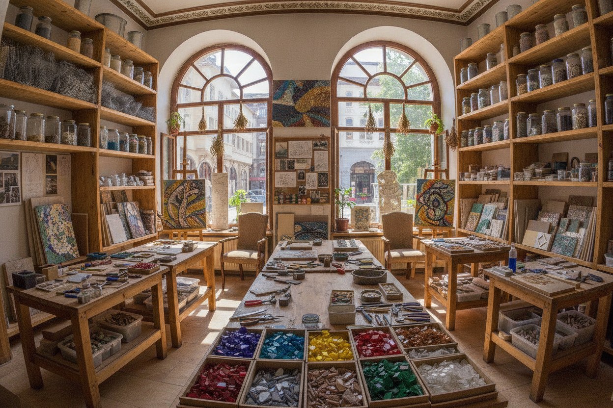 Karaköy mozaik atölyesi — renkli cam ve taş tessera bölmeleri